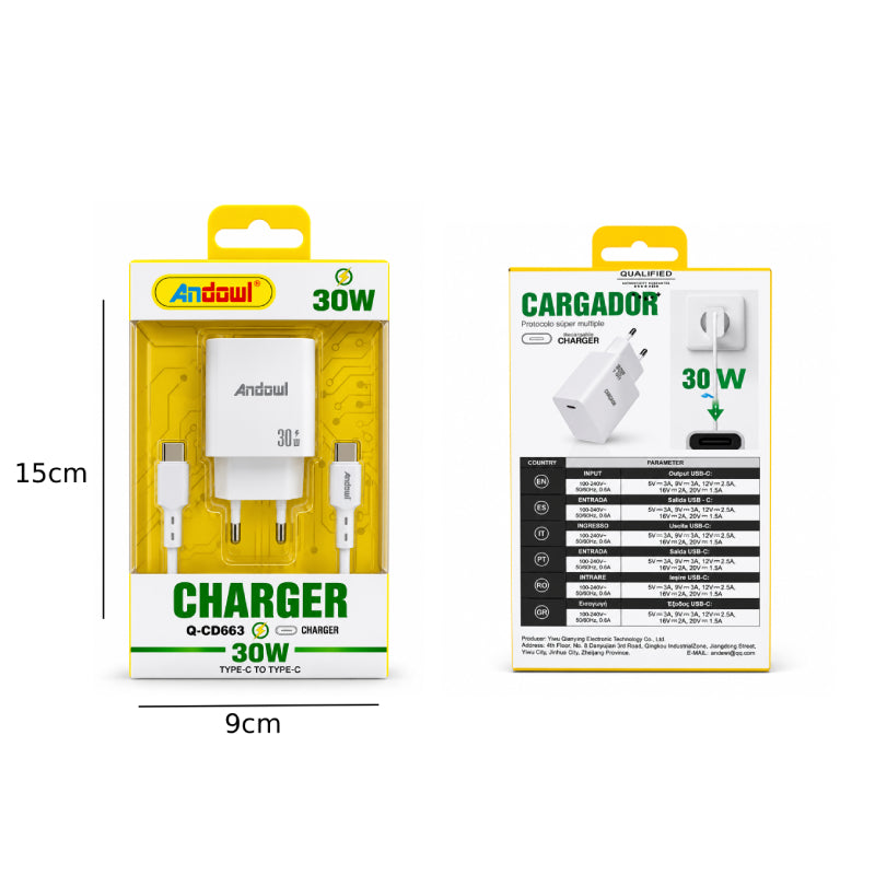 Andowl Φορτιστής USB-C PD 30W με Καλώδιο Type-C σε Type-C Q-CD663 - 30W USB-C PD Charger with Type-C to Type-C Cable