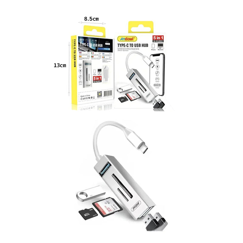 Πολυλειτουργικό Hub USB Type C 5 σε 1 με Αναγνώστη Καρτών και Θύρες USB - Multiport USB Type C Hub 5 in 1 with Card Reader and USB Ports