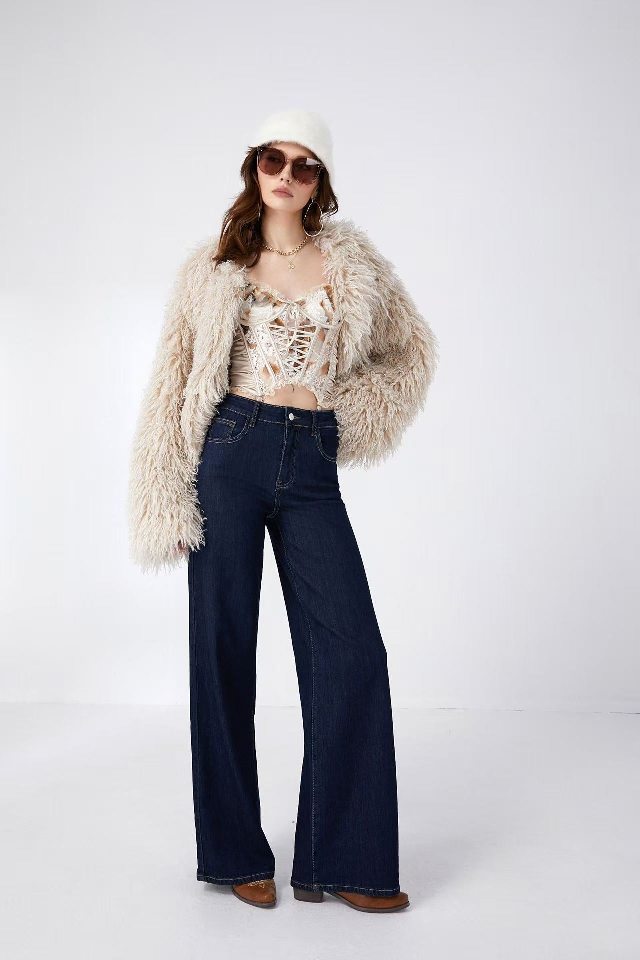 Adoro High Waisted Women's Jean Pants Flare Dark Blue
