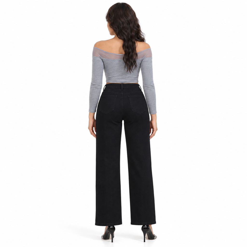 Miss Good Γυναικείο Τζιν Παντελόνι Ψηλόμεσο Wide Leg με Στρας Μαύρο