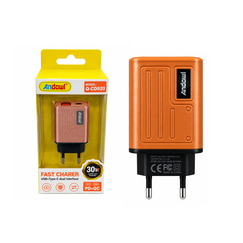 Andowl Φορτιστής Τοίχου 30W Ταχείας Φόρτισης PD & QC με USB και Type-C Q-CD920 - 30W PD & QC USB and Type-C Fast Wall Charger