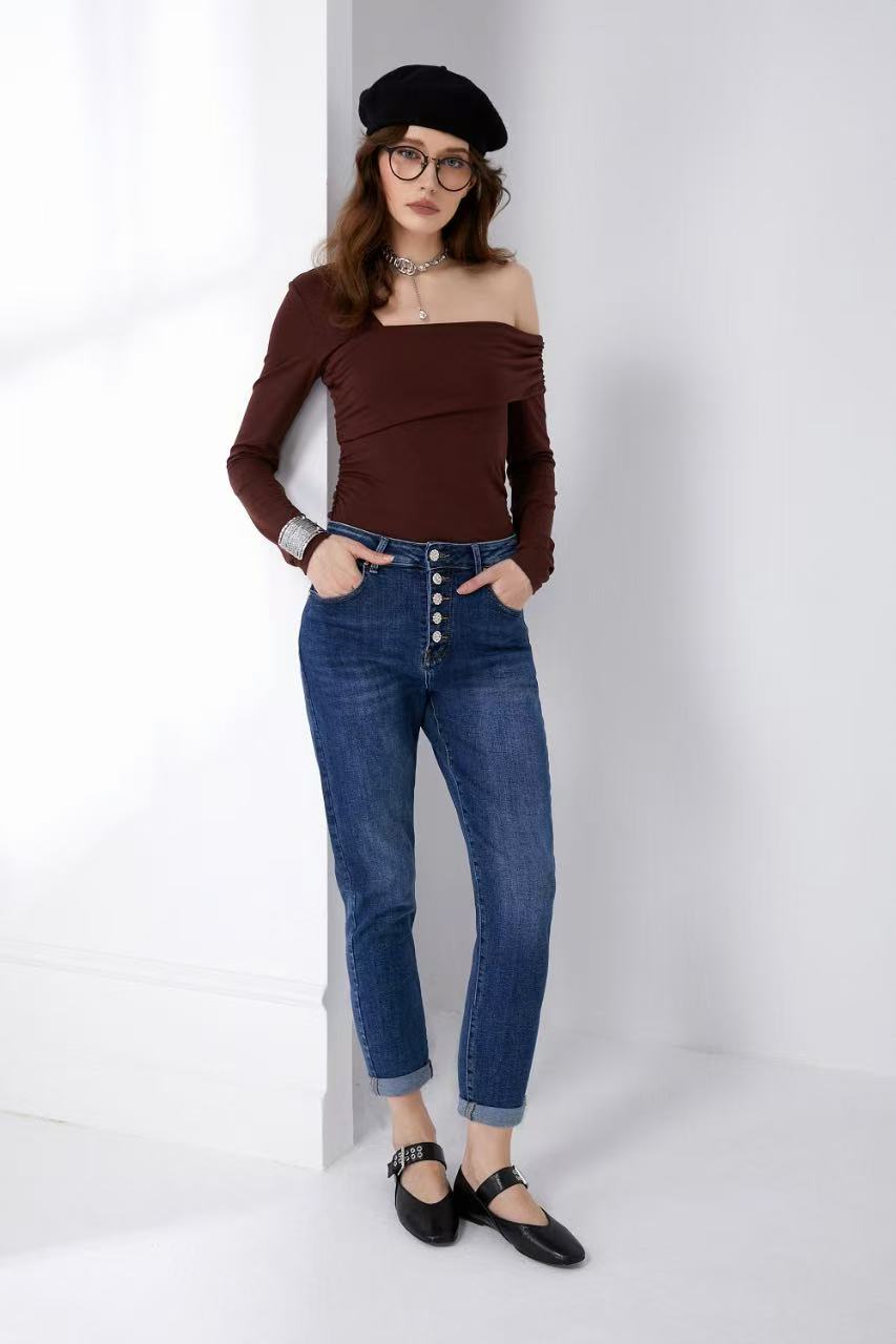 ADORO Women's Mom Fit Jeans with Rhinestone Buttons Blue