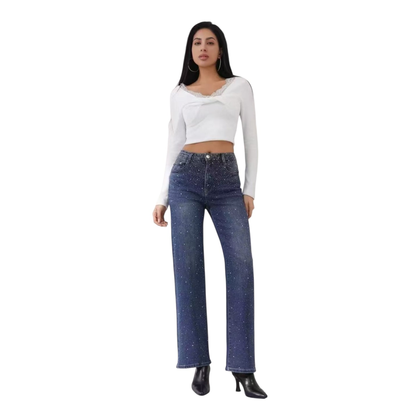 MISS GOOD Jeans With Rhinestones Straight Leg Blue