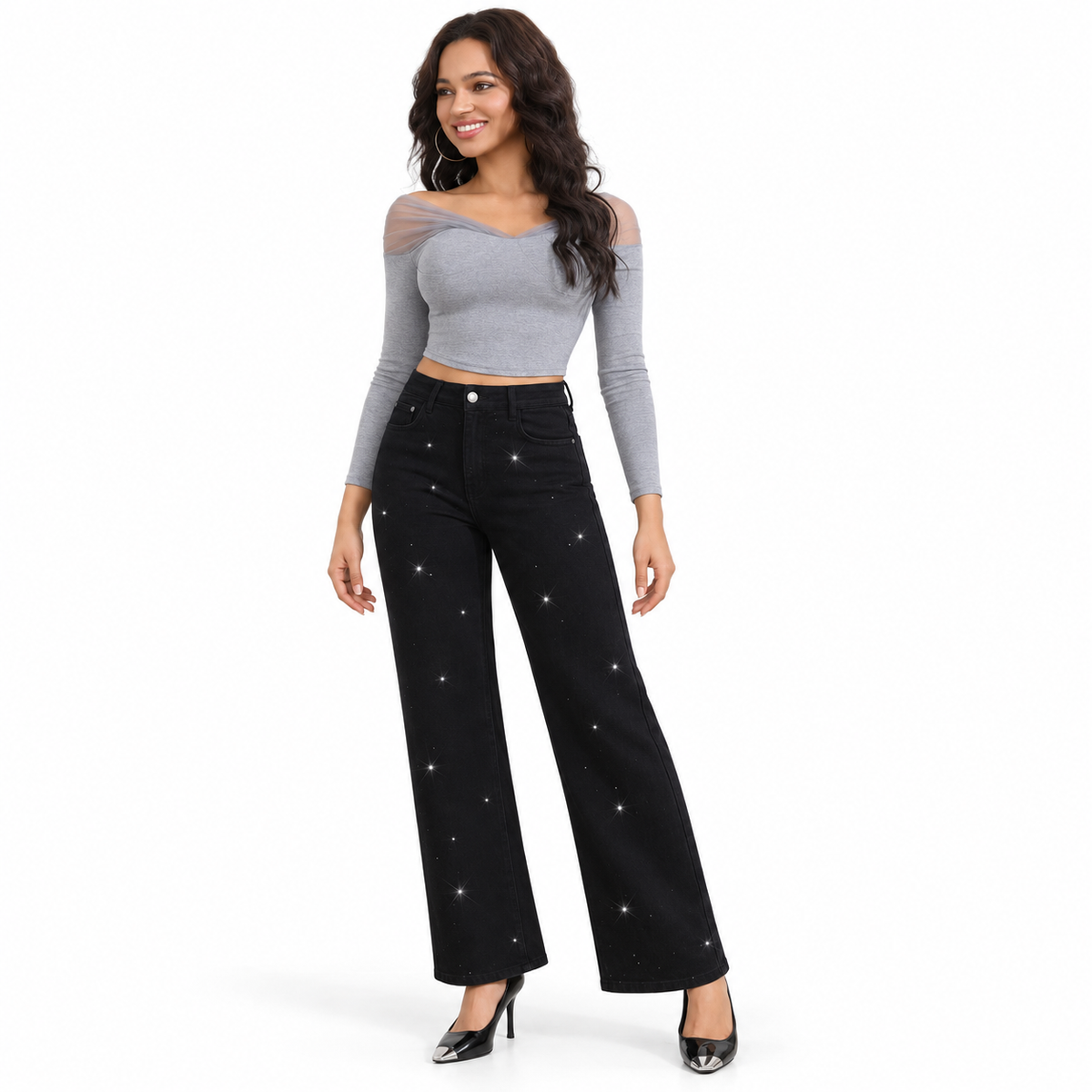 Miss Good Γυναικείο Τζιν Παντελόνι Ψηλόμεσο Wide Leg με Στρας Μαύρο