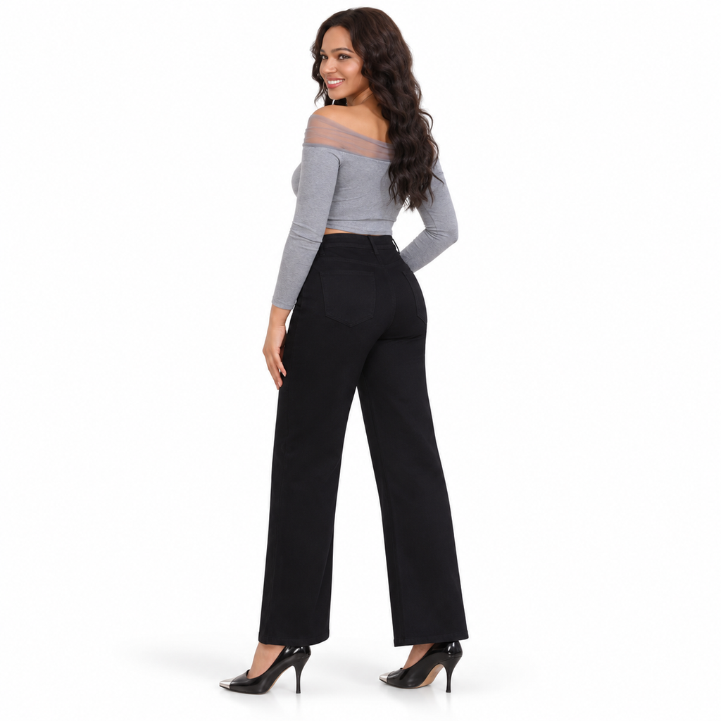 Miss Good Γυναικείο Τζιν Παντελόνι Ψηλόμεσο Wide Leg με Στρας Μαύρο