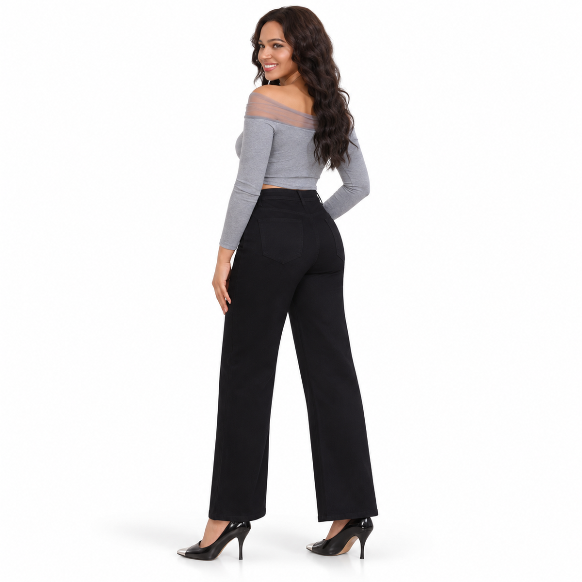 Miss Good Γυναικείο Τζιν Παντελόνι Ψηλόμεσο Wide Leg με Στρας Μαύρο