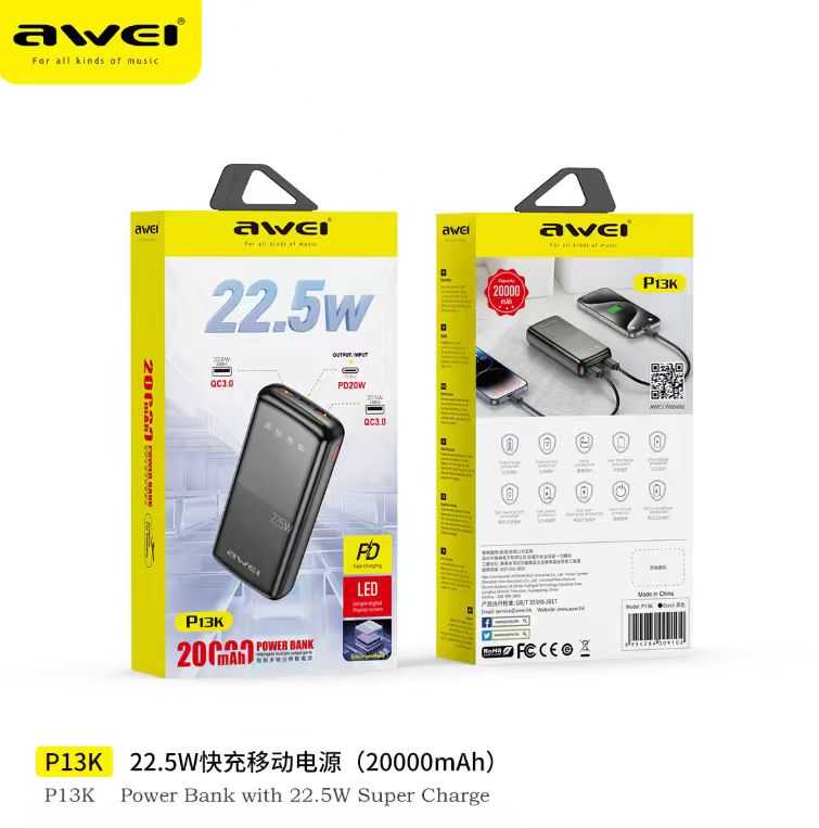 Powerbank - P13K - 20.000mah - 22.5W - AWEI - 009102 ΕΙΔΗ ΤΕΧΝΟΛΟΓΙΑΣ>Gadgets>Αξεσουάρ smartphone