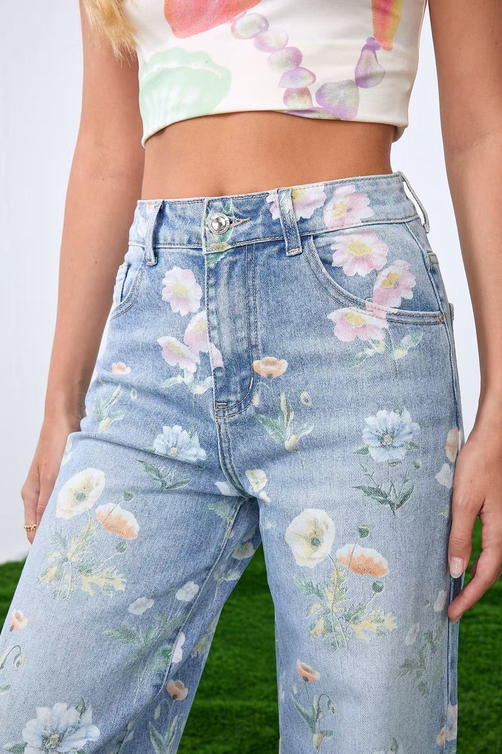 ADORO Women's Baggy Jeans with Floral Pattern Blue