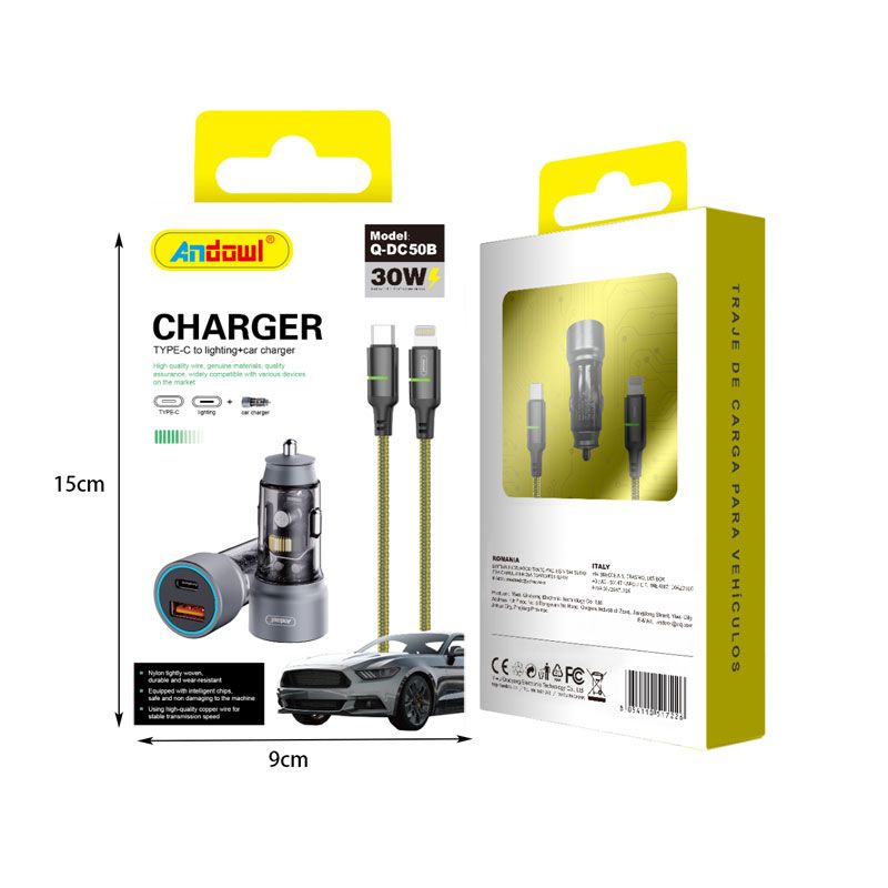 Andowl Φορτιστής αυτοκινήτου με καλώδιο Type-C σε Lighting Q-DC50B - Charger
