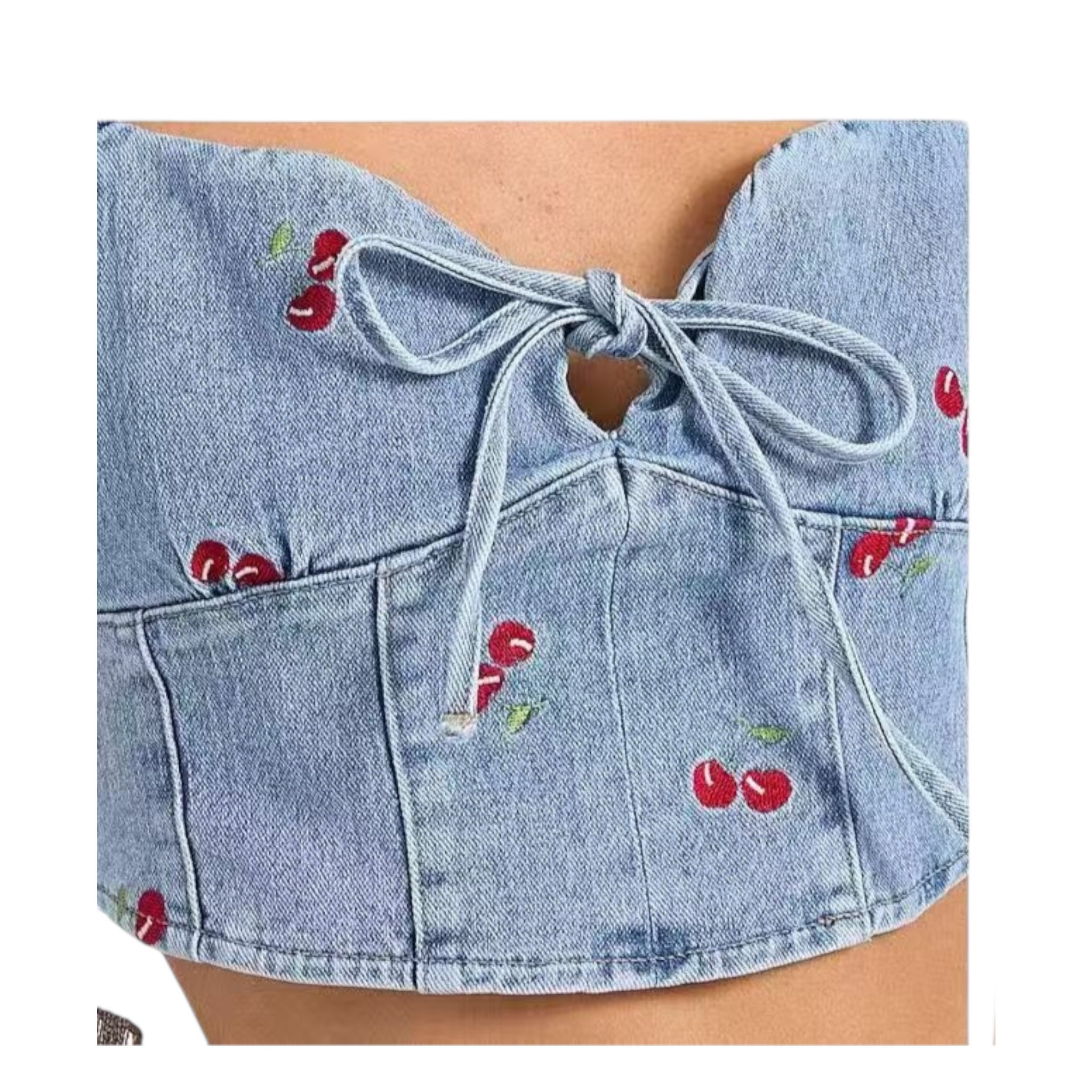 ADORO Women's Denim Crop Top with Cherry Embroidery Blue