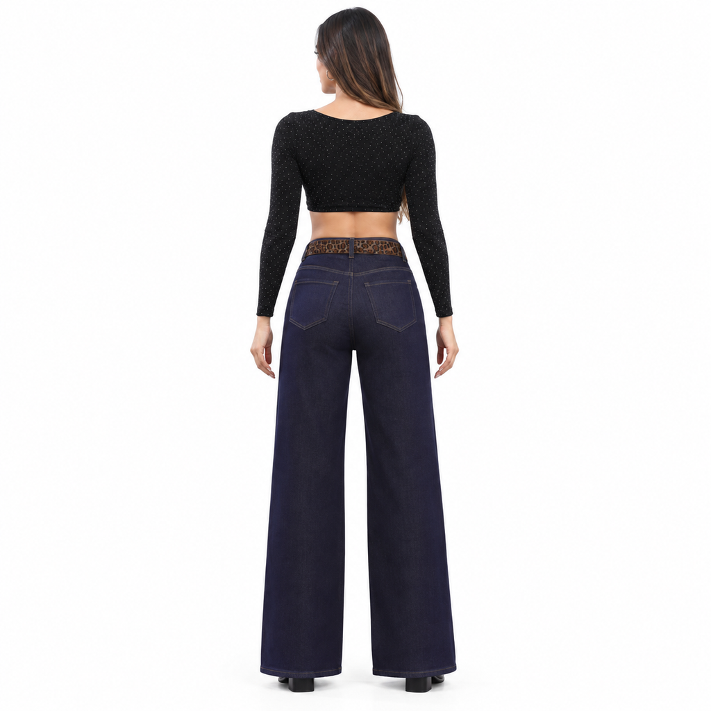 Angel Shopping Γυναικείο Τζιν Παντελόνι Ψηλόμεσο Wide Leg με Ζώνη Σκούρο Μπλε