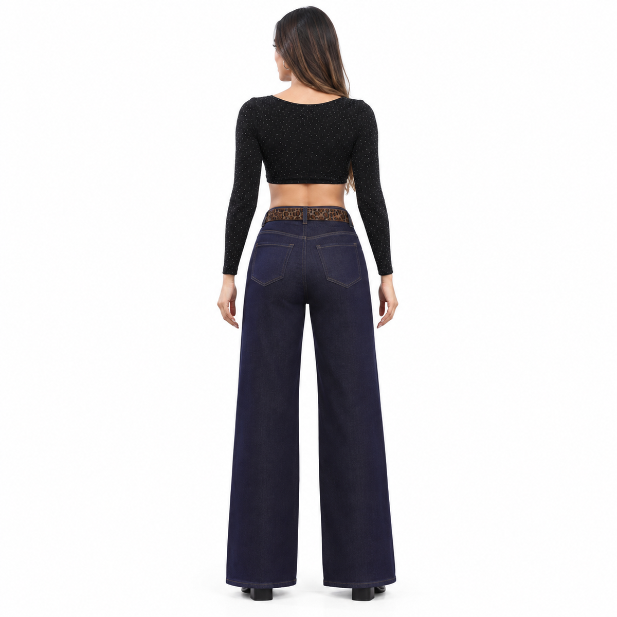 Angel Shopping Γυναικείο Τζιν Παντελόνι Ψηλόμεσο Wide Leg με Ζώνη Σκούρο Μπλε