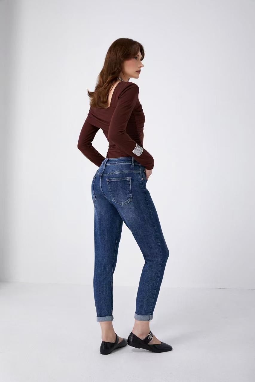 ADORO Women's Mom Fit Jeans with Rhinestone Buttons Blue
