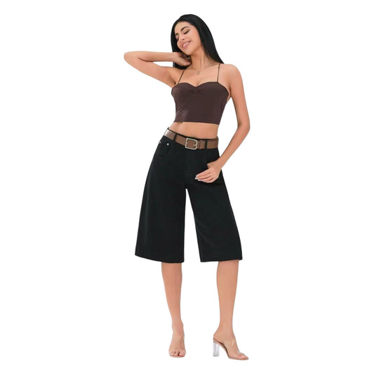 MISS GOOD Γυναικεία Τζιν Βερμούδα Wide Leg Μαύρη