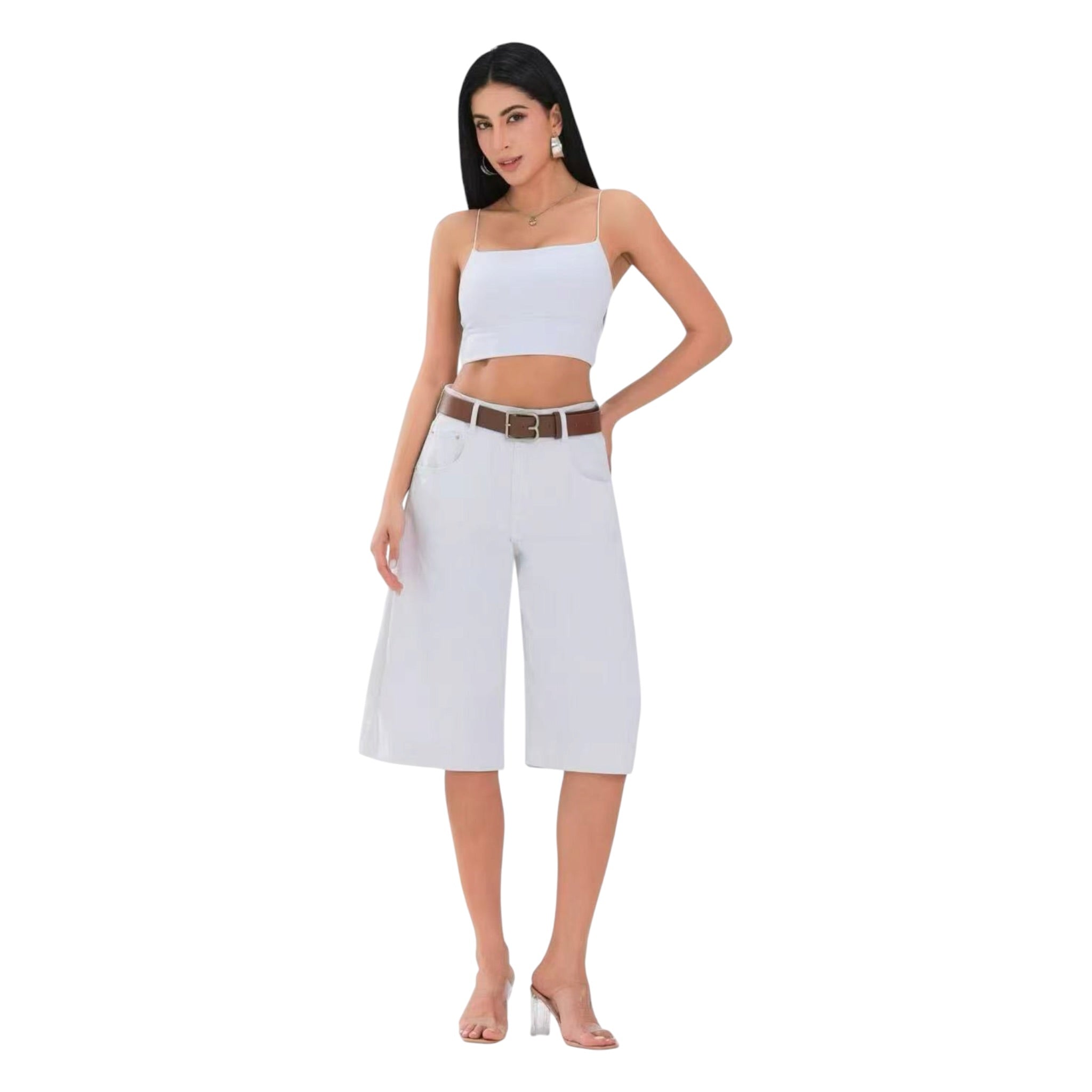 MISS GOOD Γυναικεία Τζιν Βερμούδα Wide Leg Λευκό