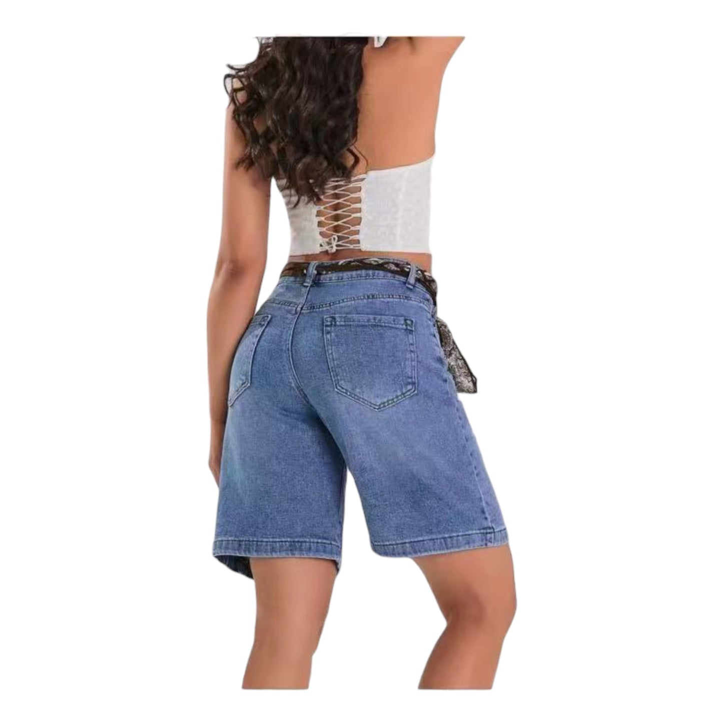 Miss Good Women's Denim Bermuda Shorts with Decorative Belt Blue