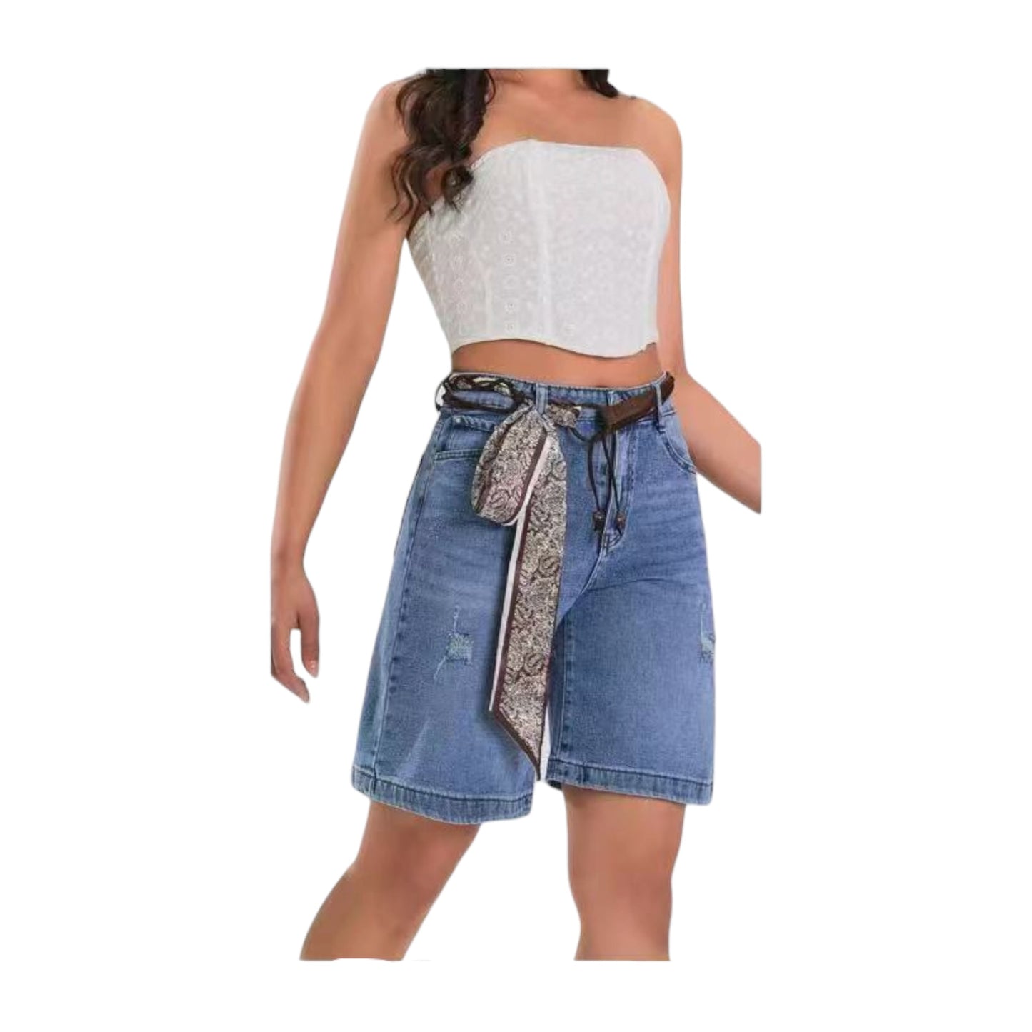 Miss Good Women's Denim Bermuda Shorts with Decorative Belt Blue