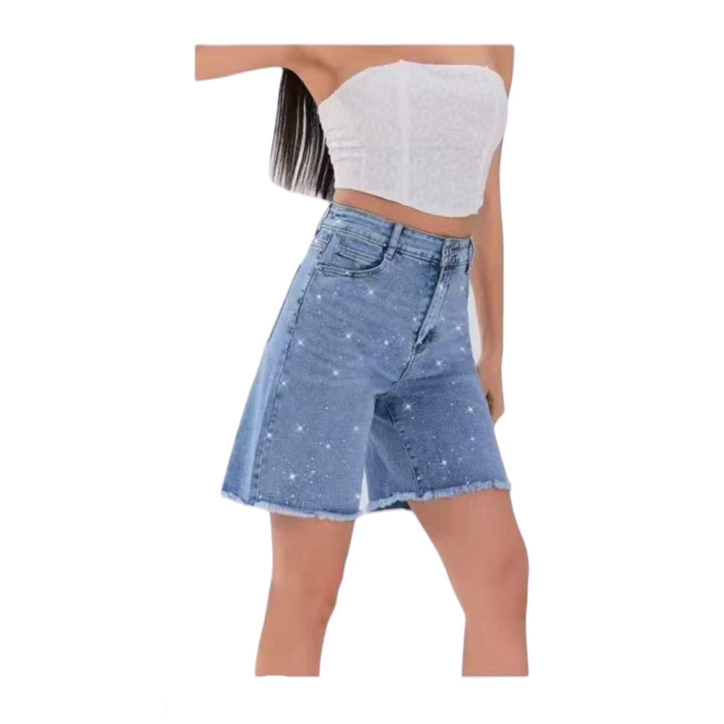 Miss Good Women's Jean Bermuda Shorts with Rhinestones Blue