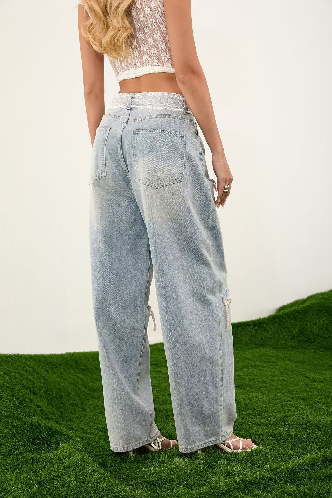 ADORO Γυναικείο Τζιν Παντελόνι Ψηλόμεσο Wide Leg με Φθορές Μπλε - Angel shopping