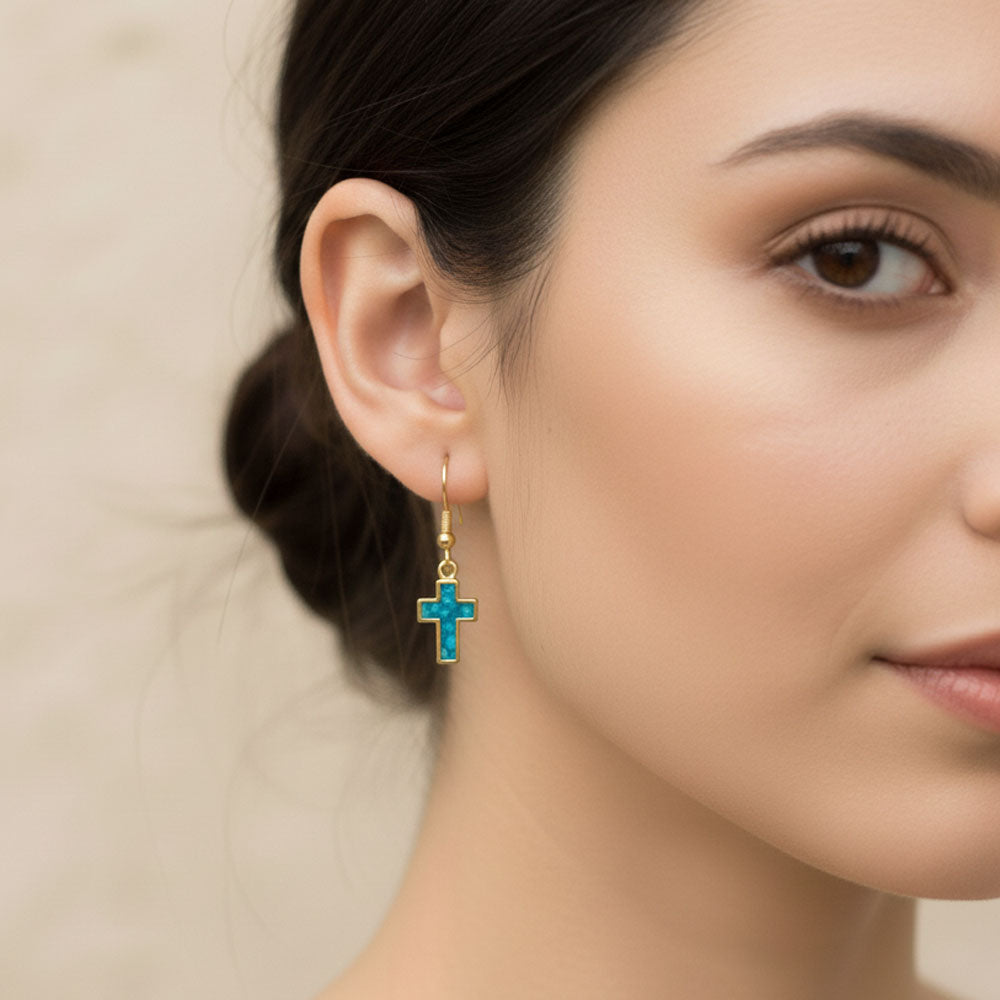 Σκουλαρίκια Ατσάλι Σταυρός με Blue Stone Χρυσό