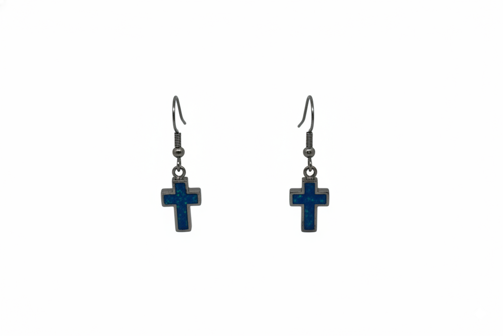Σκουλαρίκια Ατσάλι Σταυρός με Blue Stone Ασημί