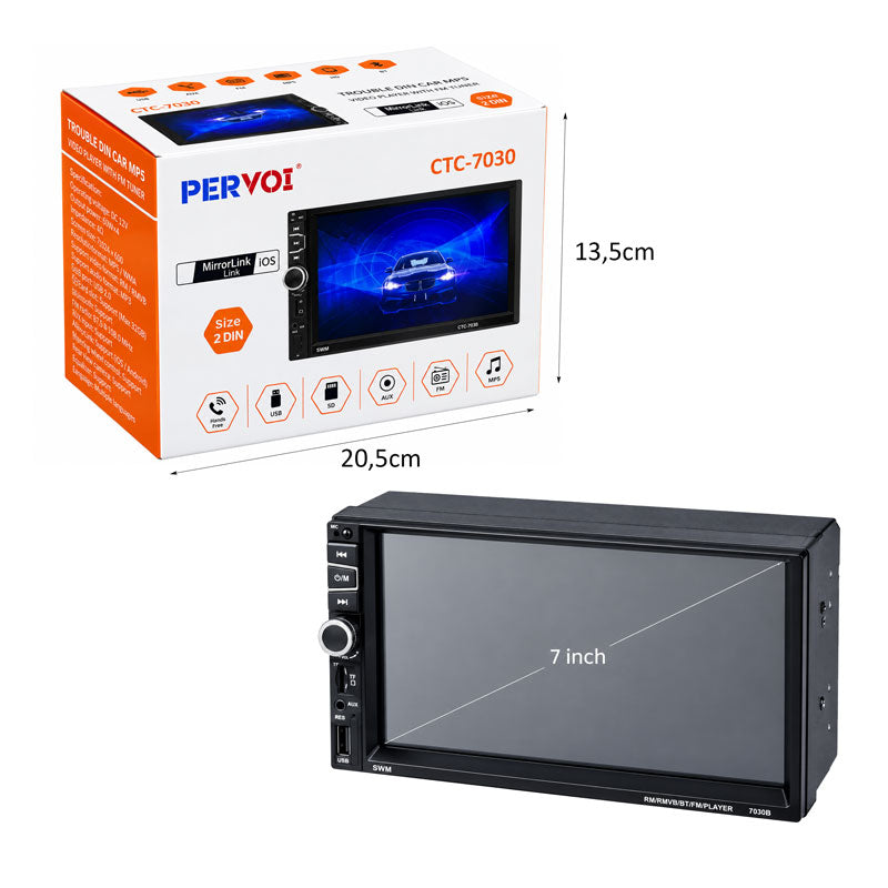 PerVoi Οθόνη αυτοκινήτου 7" HD αφής 2 Din CTC-7030 - Autoradio 2 Din Touch Screen FM USB AUX Bluetooth