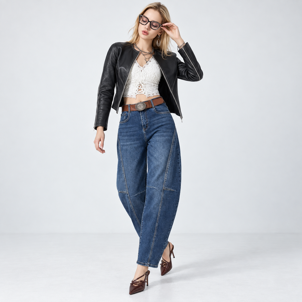 Angel Shopping Γυναικείο Τζιν Παντελόνι Ψηλόμεσο Balloon Fit με Ζώνη Μπλε