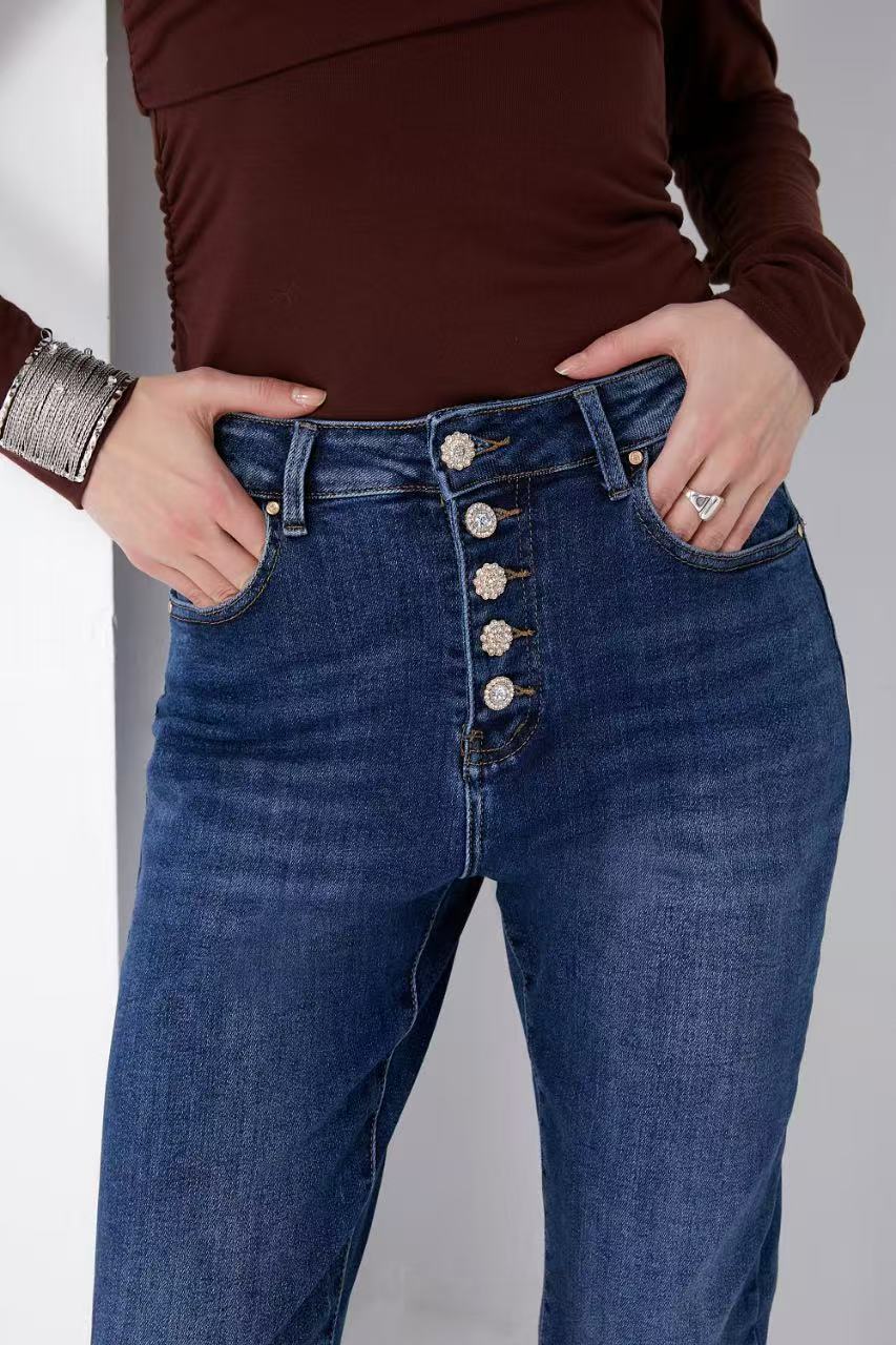 ADORO Women's Mom Fit Jeans with Rhinestone Buttons Blue