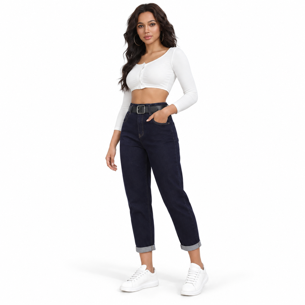 Γυναικείο Τζιν Παντελόνι Ψηλόμεσο Mom Fit με Ζώνη Μπλε