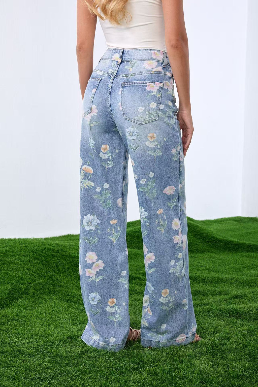 ADORO Women's Baggy Jeans with Floral Pattern Blue