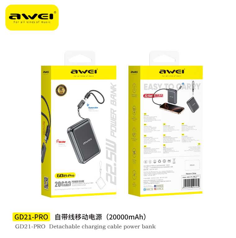 Powerbank με αποσπώμενο καλώδιο Type-C - GD21-Pro - 20.000mah - 22.5W - AWEI - 026185 ΕΙΔΗ ΤΕΧΝΟΛΟΓΙΑΣ>Gadgets>Αξεσουάρ smartphone