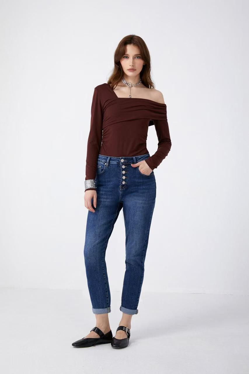 ADORO Women's Mom Fit Jeans with Rhinestone Buttons Blue