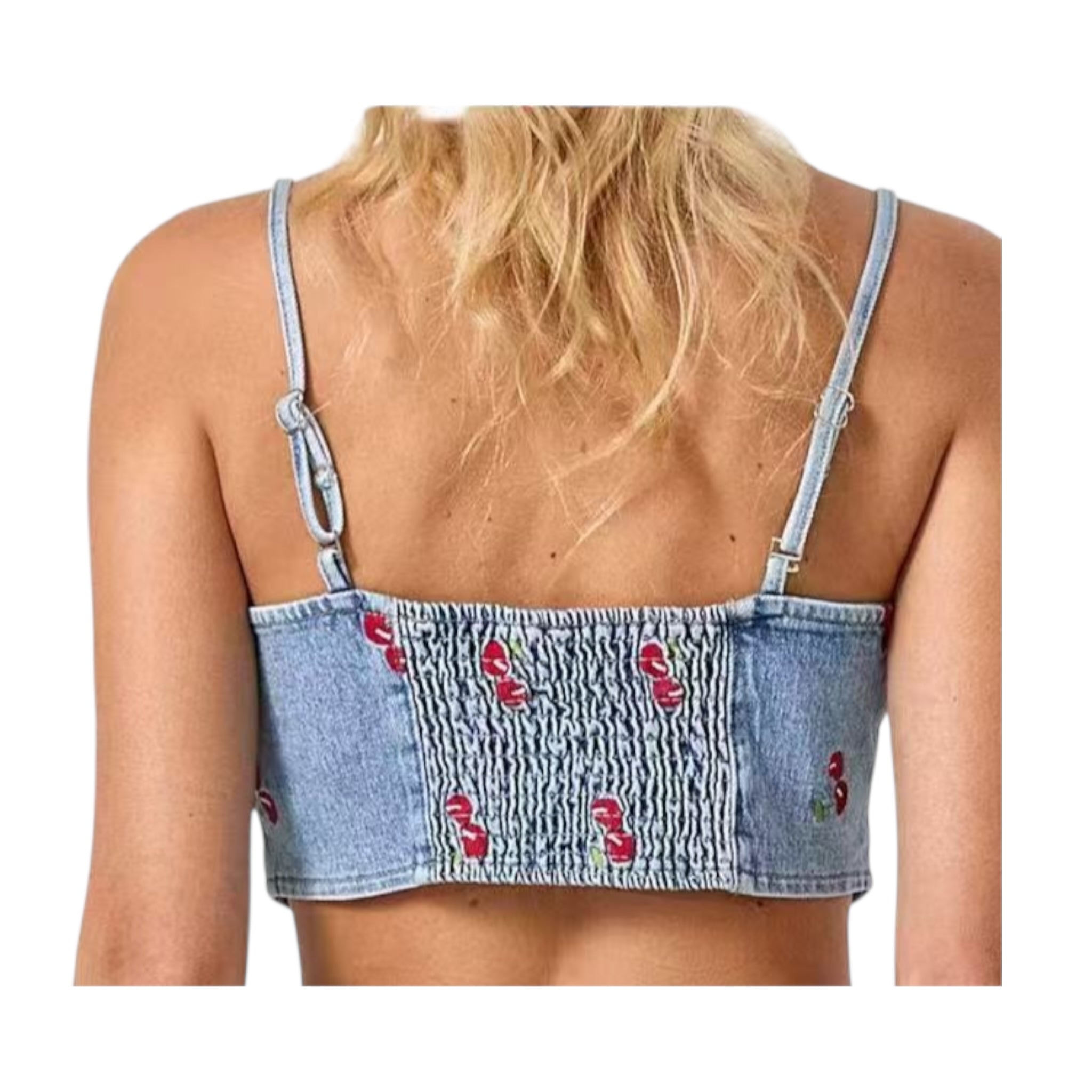 ADORO Women's Denim Crop Top with Cherry Embroidery Blue