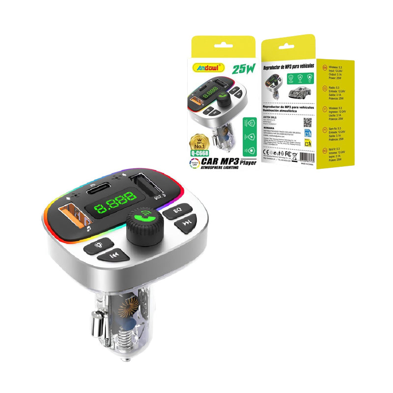 Andowl FM Transmitter Αυτοκινήτου Bluetooth με MP3 Player, 2 USB & Type-C 25W Q-C668- Bluetooth Car FM Transmitter MP3 Player 25W