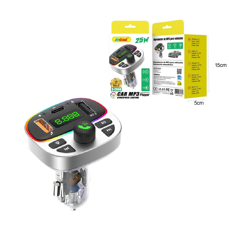 Andowl FM Transmitter Αυτοκινήτου Bluetooth με MP3 Player, 2 USB & Type-C 25W Q-C668- Bluetooth Car FM Transmitter MP3 Player 25W