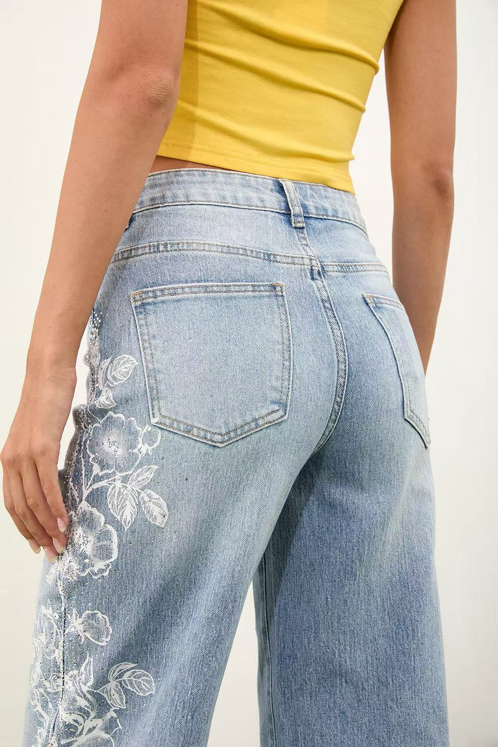 ADORO Women's High Waist Jeans with Lace &amp; Print Blue