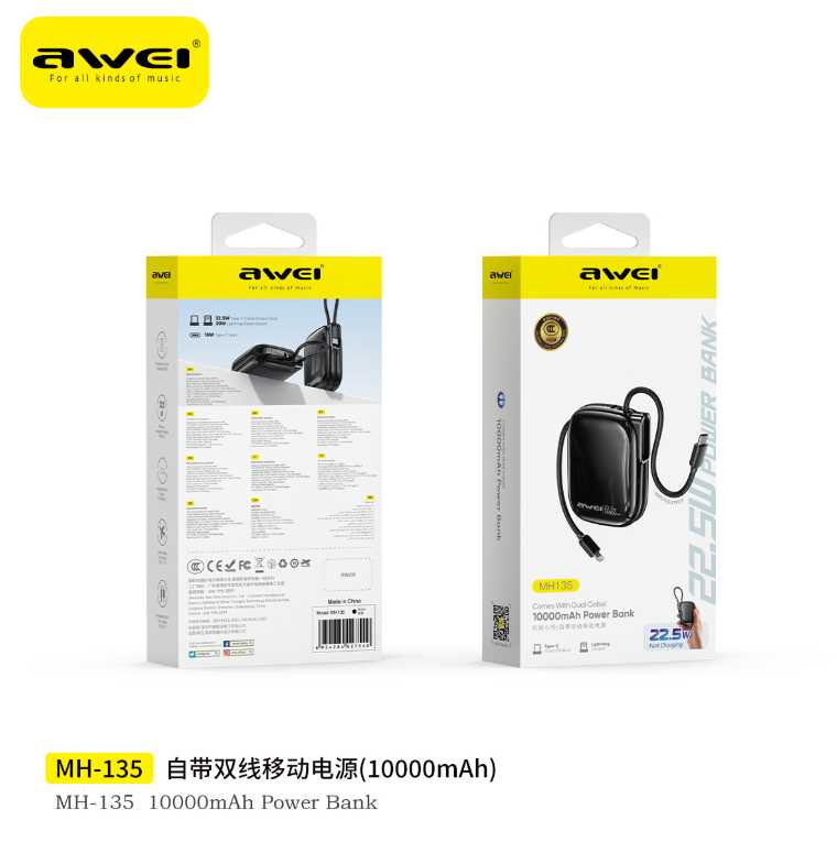 Powerbank - 2in1 - Type-C & Lightning - MH-135 - 10.000mah - 22.5W - AWEI - 027540 - Black ΕΙΔΗ ΤΕΧΝΟΛΟΓΙΑΣ>Gadgets>Αξεσουάρ smartphone