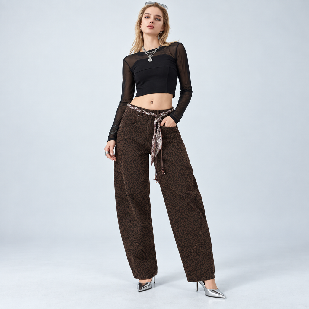 Angel Shopping Γυναικείο Τζιν Παντελόνι Wide Leg με Λεοπάρ Σχέδιο και Ζώνη Καφέ