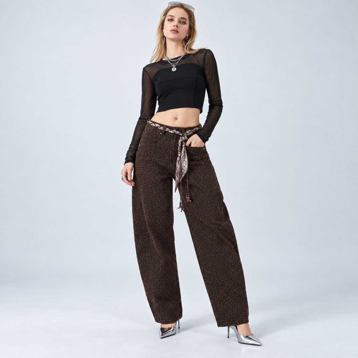 Angel Shopping Γυναικείο Τζιν Παντελόνι Wide Leg με Λεοπάρ Σχέδιο και Ζώνη Καφέ
