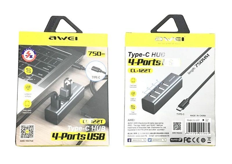 Αντάπτορας USB 2.0 Hub με 4 θύρες - Type-C - CL-122T - AWEI - 888070