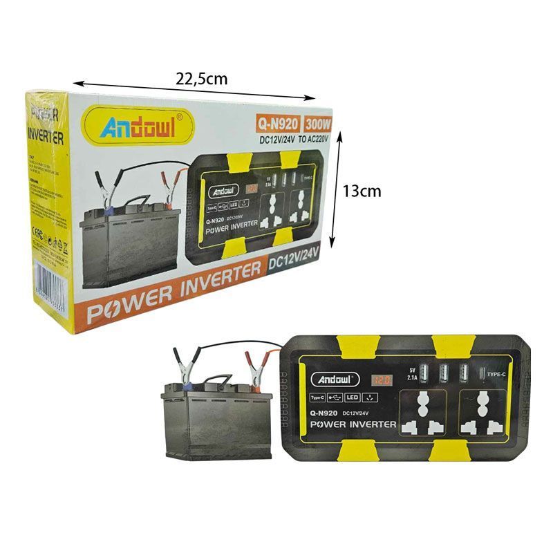 Andowl Inverter Αυτοκινήτου 300W για Μετατροπή DC12V/24V σε AC220V Q-N920 - Power Inverter
