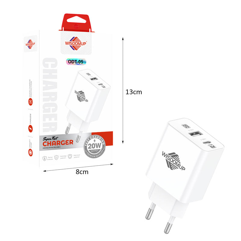 Wisdomup Φορτιστής 20W USB & Type C Διπλής Θύρας Ταχείας Φόρτισης ODT-05 – 20W Dual Port USB & Type C Fast Charger