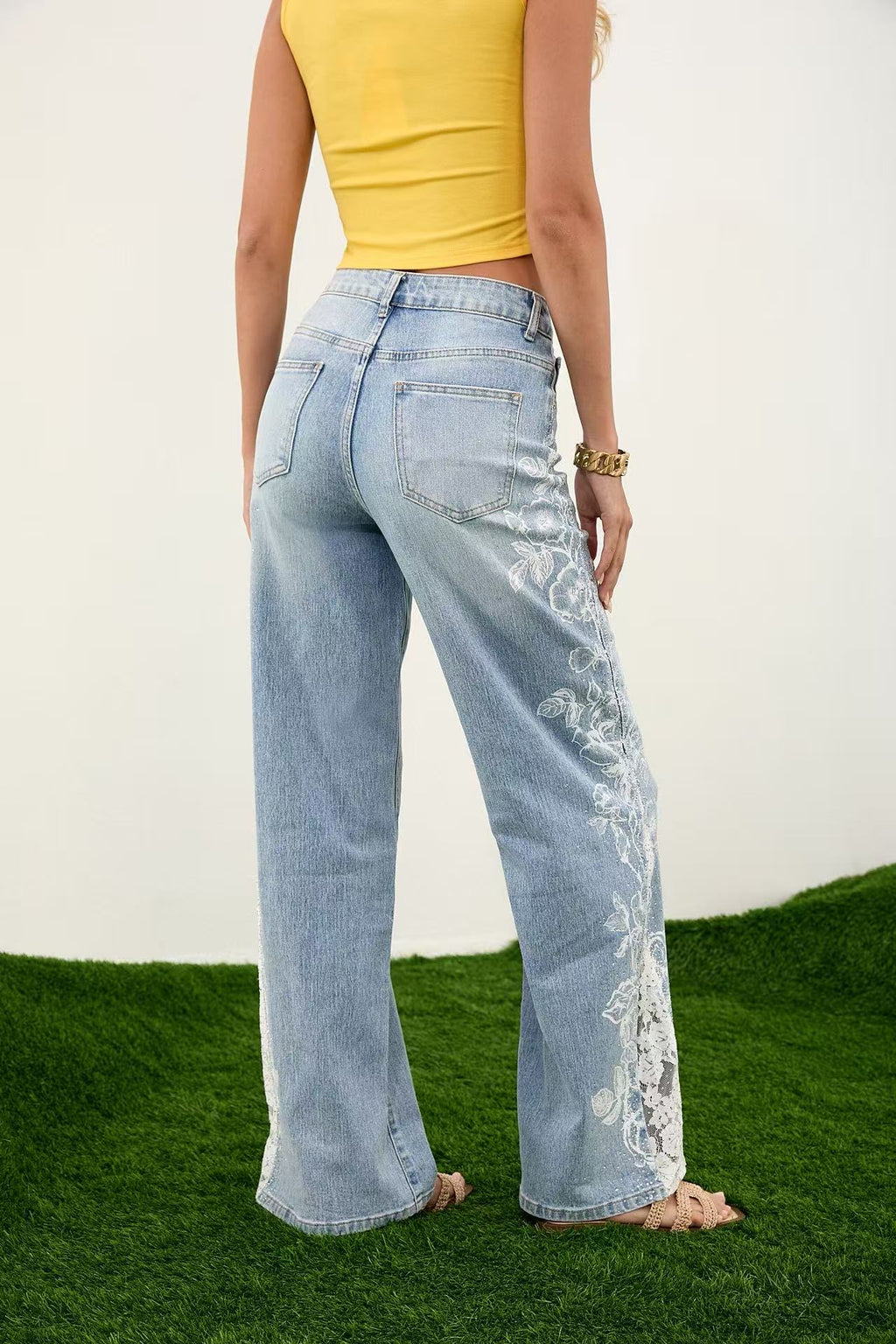 ADORO Women's High Waist Jeans with Lace &amp; Print Blue