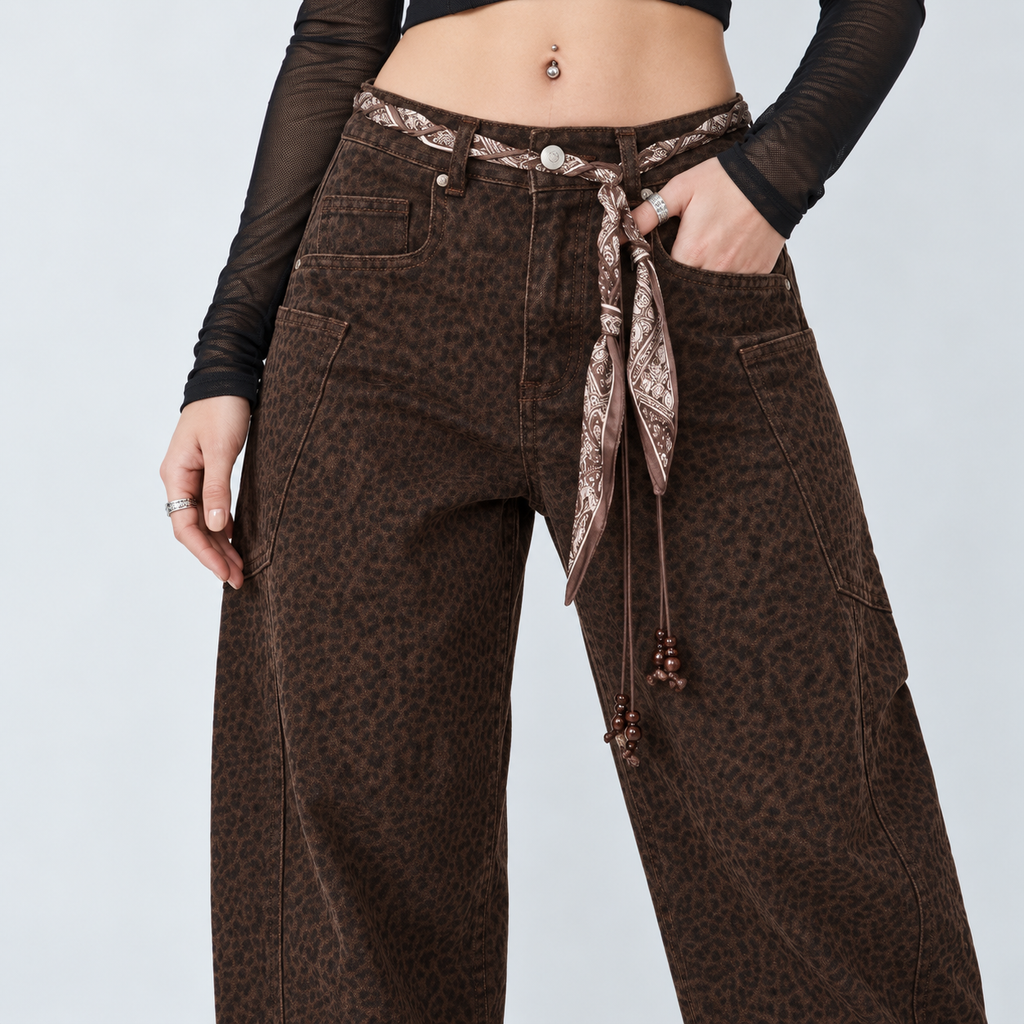 Angel Shopping Γυναικείο Τζιν Παντελόνι Wide Leg με Λεοπάρ Σχέδιο και Ζώνη Καφέ