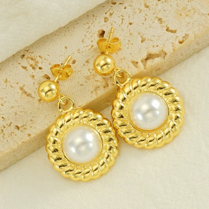 Σκουλαρίκια Ατσάλι Ψηφιδωτός Κρίκος με Πέρλα Ασημί