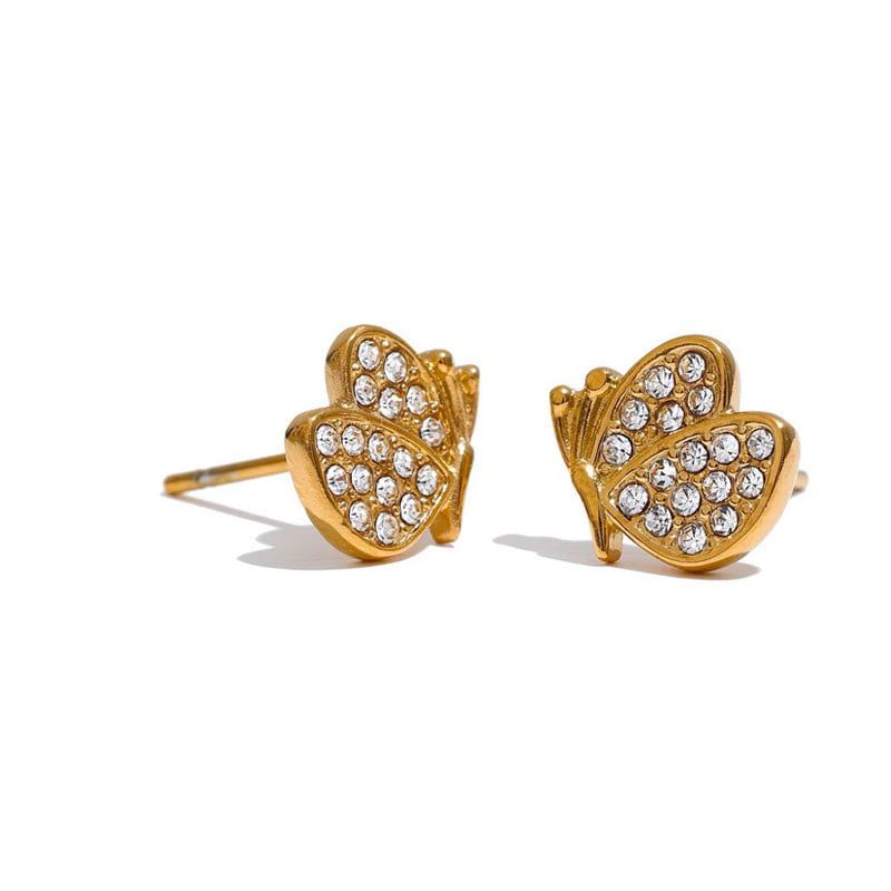 Σκουλαρίκια Ατσάλι Πεταλούδα με Στρας Stainless Steel Butterfly Stud Earrings Χρυσό
