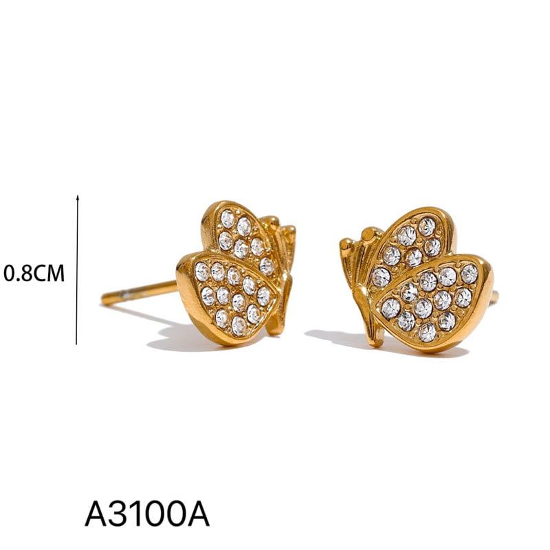 Σκουλαρίκια Ατσάλι Πεταλούδα με Στρας Stainless Steel Butterfly Stud Earrings Χρυσό