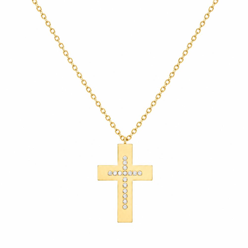 Κολιέ με Φαρδύ Σταυρό και Στρας σε Χρυσό Χρώμα