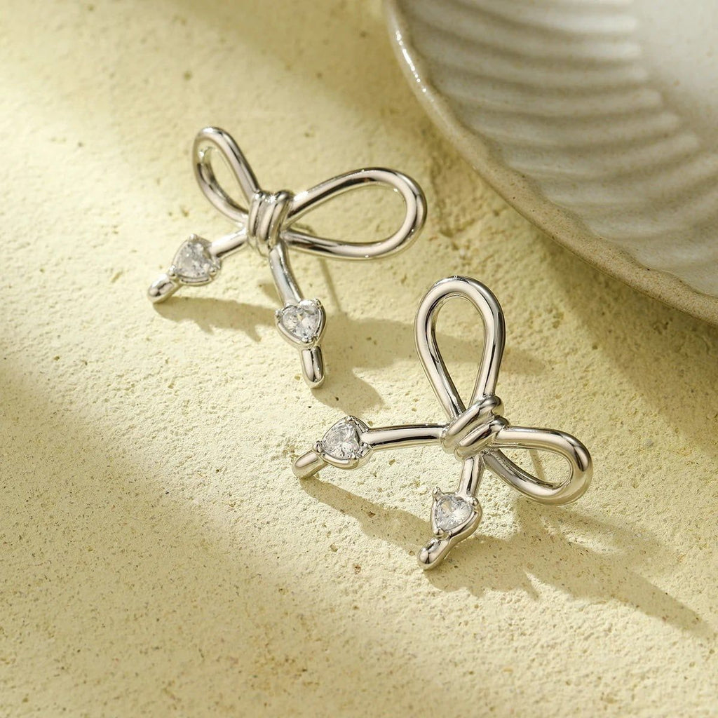Ατσάλινα Σκουλαρίκια Φιόγκος με Πέτρες Stainless Steel Bow Earrings with Stones Χρυσό