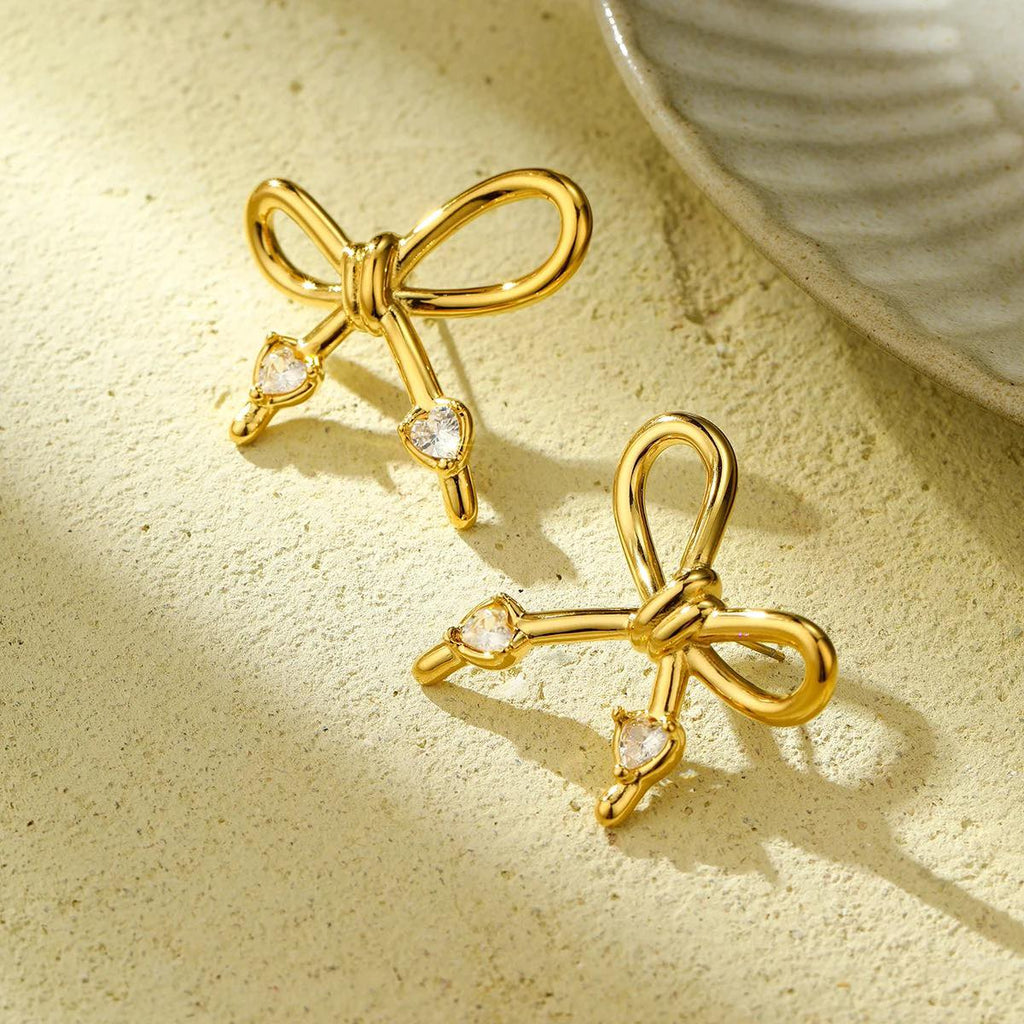 Ατσάλινα Σκουλαρίκια Φιόγκος με Πέτρες Stainless Steel Bow Earrings with Stones Χρυσό